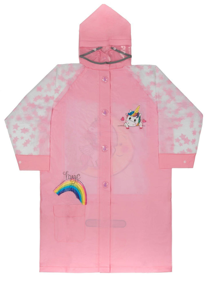 Front view of Yellow Bee Pink Unicorn Raincoat with school bag space for girls, showing full design.