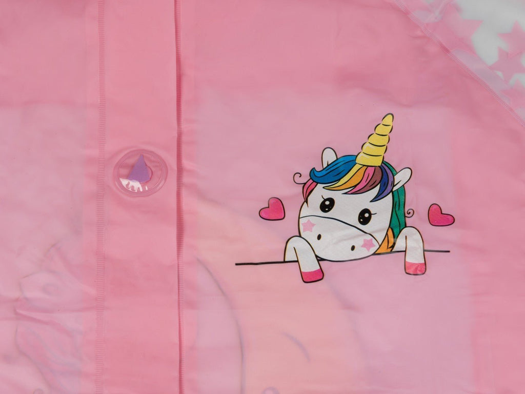 Detailed image of the unicorn and rainbow graphics on the Pink Unicorn Raincoat for girls.