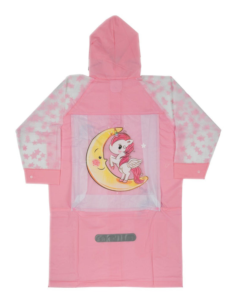 Back view of Yellow Bee Pink Unicorn Raincoat with attached school bag space for girls.