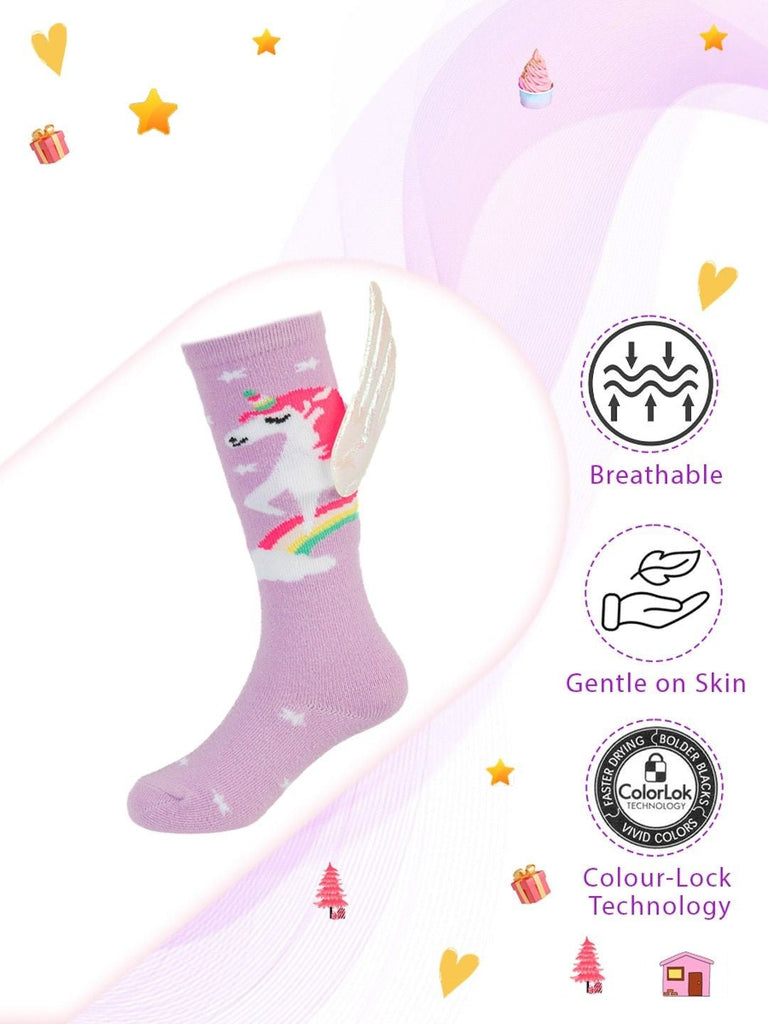 Detailed view of Pink Unicorn Socks showcasing 3D holographic wings and vibrant rainbow design by Yellow Bee.