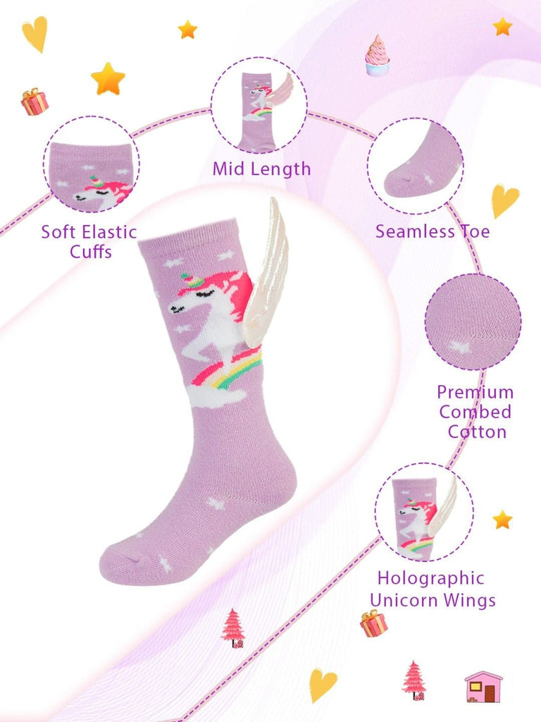 Infographic view of Pink Unicorn Socks by Yellow Bee highlighting features like 3D holographic wings, seamless toe, and soft elastic cuffs.