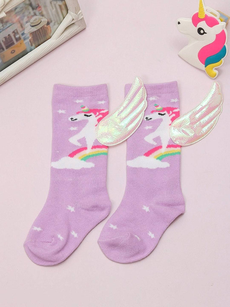  Full view of Pink Unicorn Socks with 3D holographic Wings and Magical Rainbow Design by Yellow Bee.