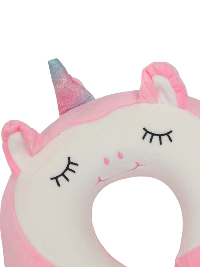 Close-up view of the Pink Unicorn U-Shaped Travel Neck Pillow showing the unicorn face details