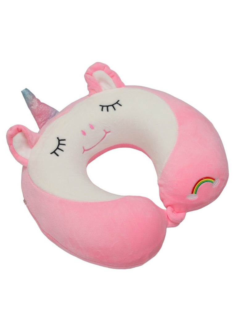 Side view of the Pink Unicorn U-Shaped Travel Neck Pillow showing the rainbow embroidery