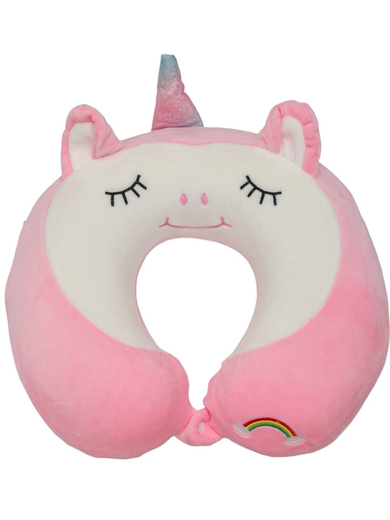 Full front view of the Pink Unicorn U-Shaped Travel Neck Pillow for Girls by Yellow Bee.