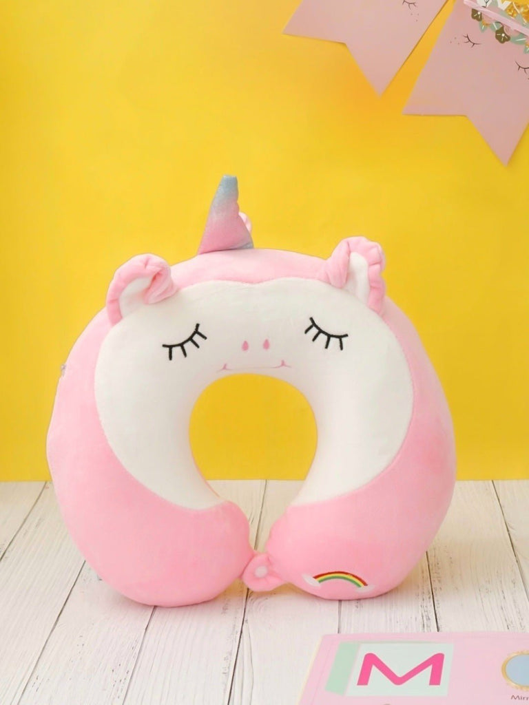 Creative view of the Pink Unicorn U-Shaped Travel Neck Pillow displayed with decorative background