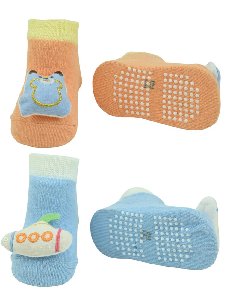 Playful Bear & Submarine Character Baby Doll Head Ankle Socks for Boys - Multi - Front & Back View