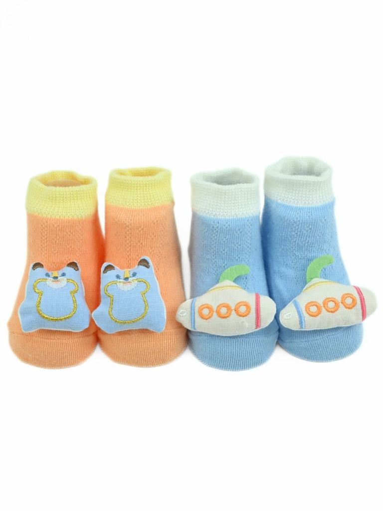 Playful Bear & Submarine Character Baby Doll Head Ankle Socks for Boys - Multi - Front View