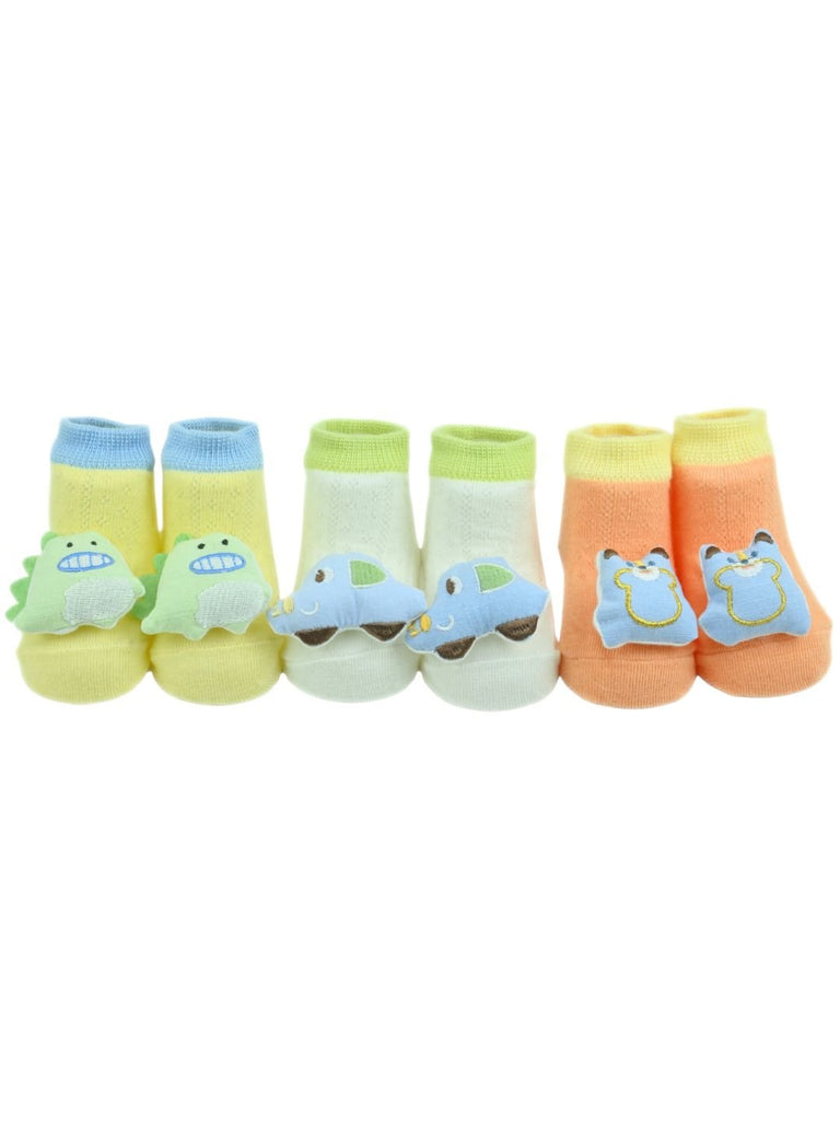 Playful Dino, Car & Bear Character Baby Doll Head Ankle Socks for Boys - Multi - Front View