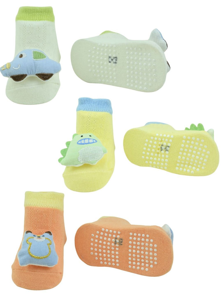 Playful Dino, Car & Bear Character Baby Doll Head Ankle Socks for Boys - Multi - Front & Back View