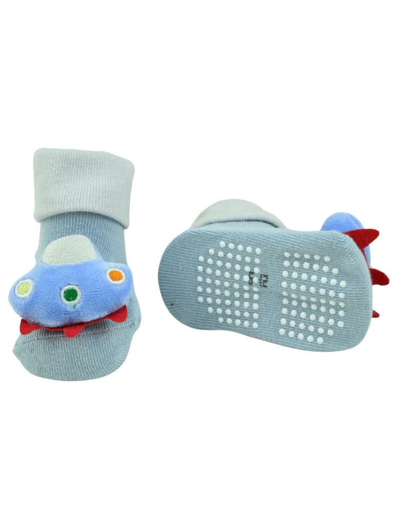 Playful Blue UFO Design Baby Doll Head Socks for Boys - Blue - Front & Back View