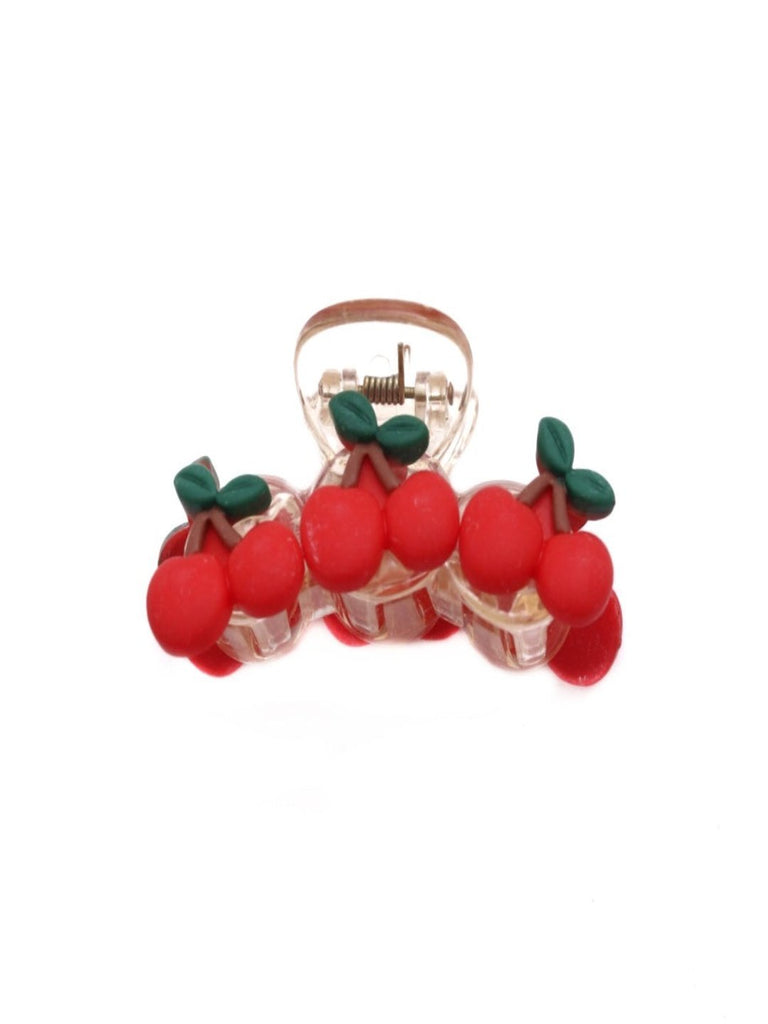 Zoomed view of Playful and Juicy Red Triple Cherry Hair Claw Clip by Yellow Bee