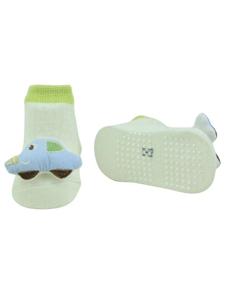
Playful Blue Car Design Baby Doll Head Ankle Socks for Boys - White - Front & Back View
