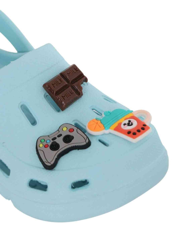 Playful Blue Clogs with Gamepad, Chocolate & Fruit Smoothie Charms for Boys-Close up view