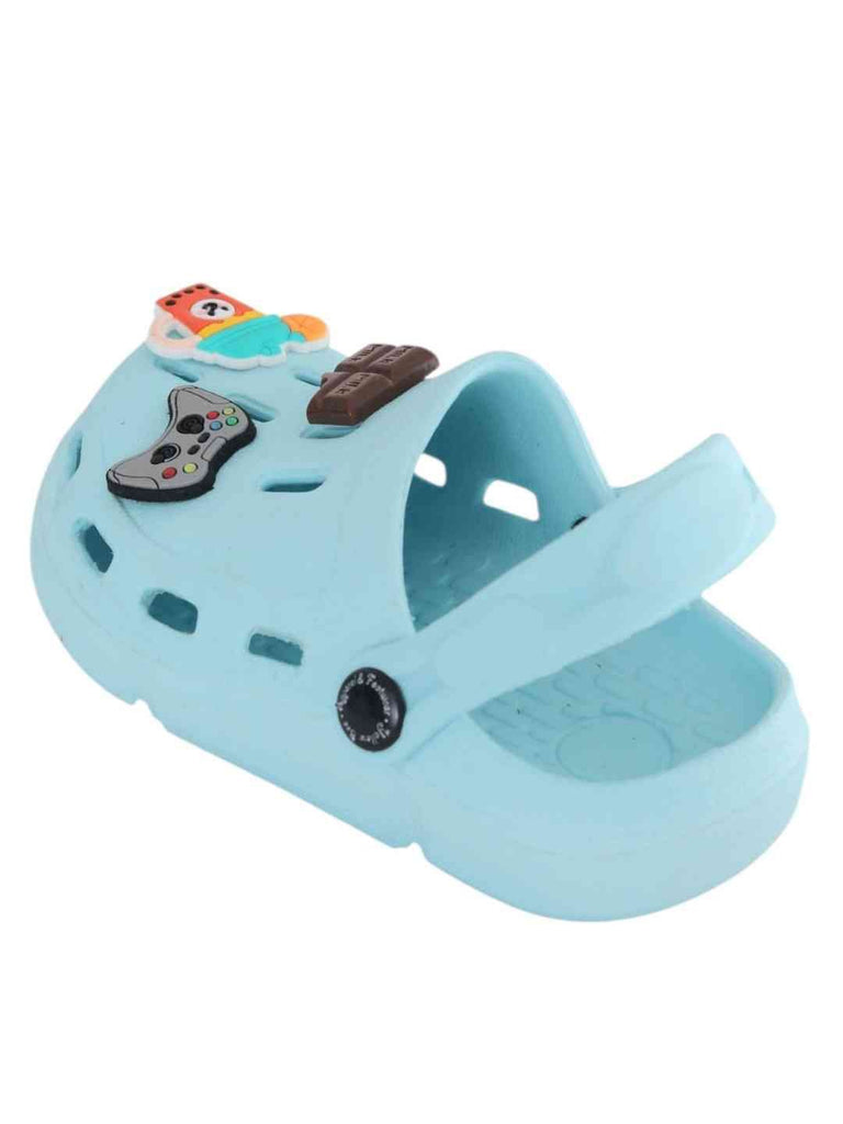 Playful Blue Clogs with Gamepad, Chocolate & Fruit Smoothie Charms for Boys-Back View