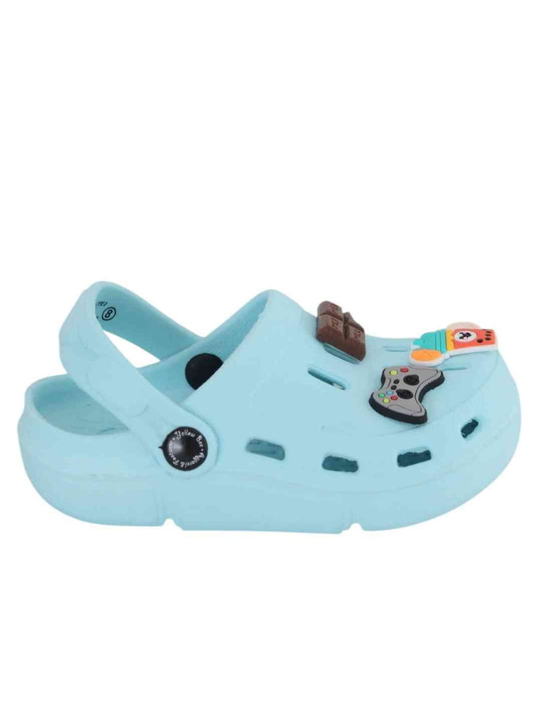 Playful Blue Clogs with Gamepad, Chocolate & Fruit Smoothie Charms for Boys-Side View
