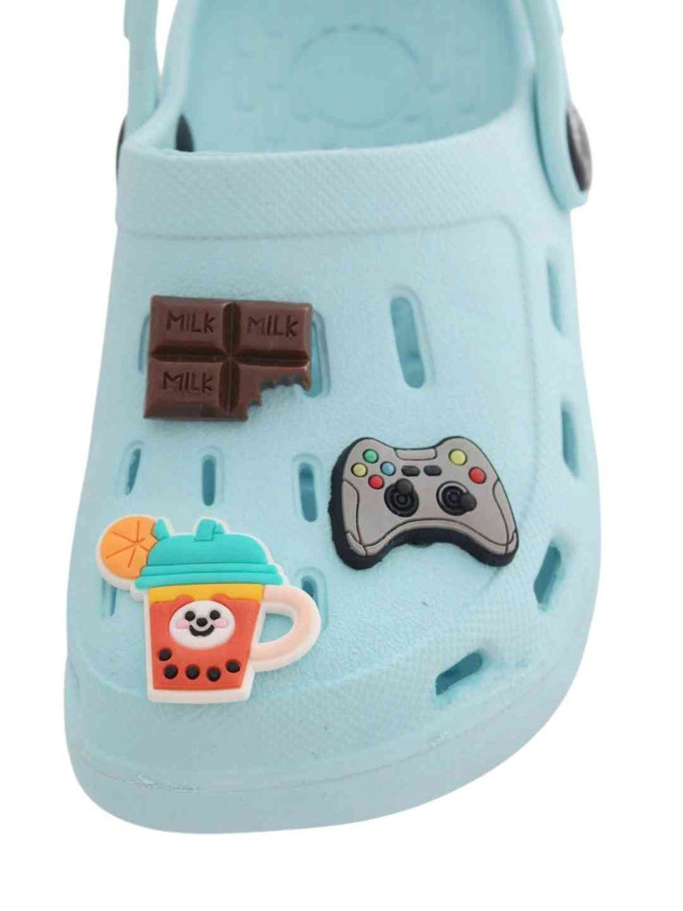 Playful Blue Clogs with Gamepad, Chocolate & Fruit Smoothie Charms for Boys-Front View