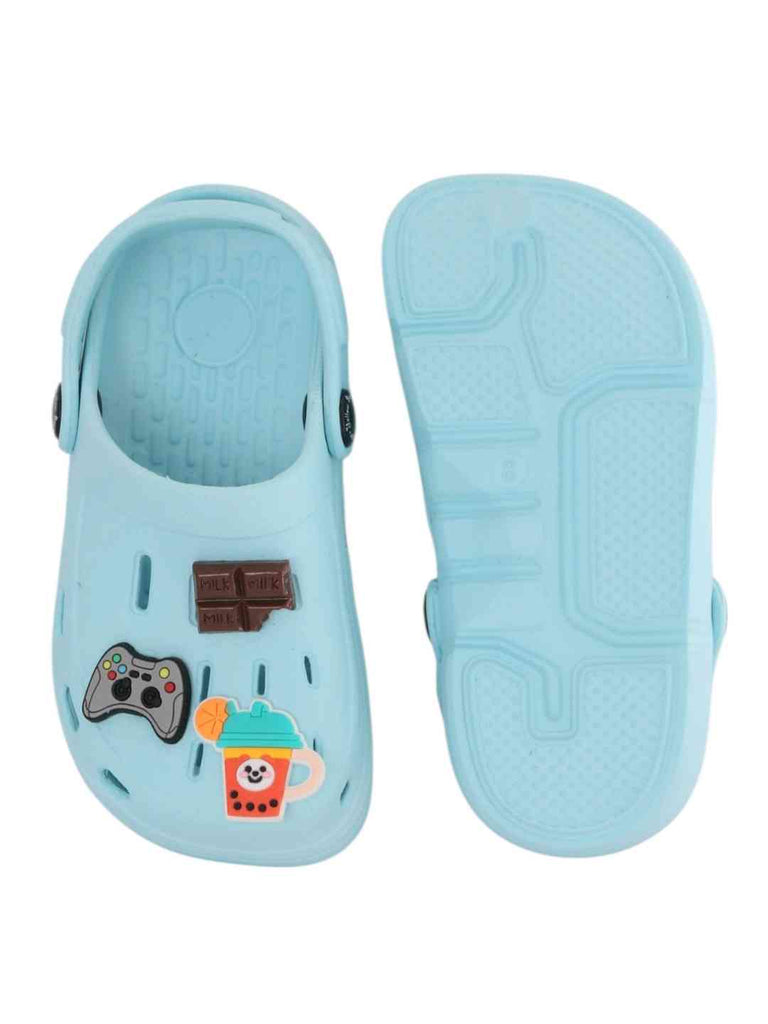 Playful Blue Clogs with Gamepad, Chocolate & Fruit Smoothie Charms for Boys-Front & Back View