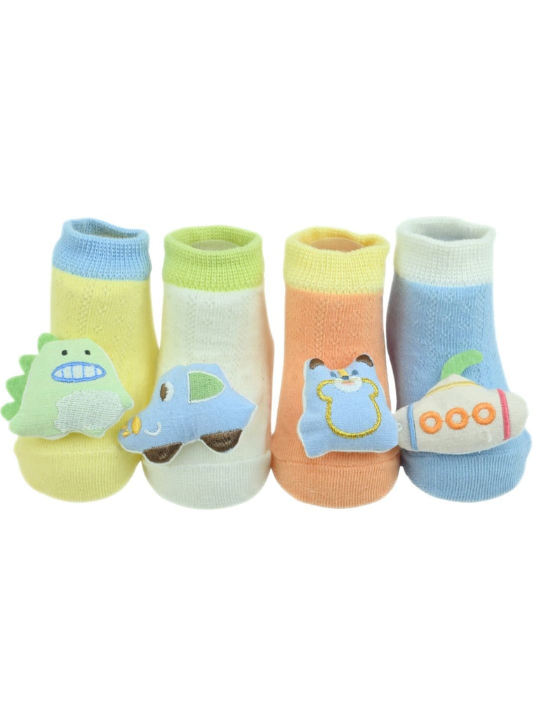 Playful Cartoon Baby Doll Head Ankle Socks 3D Pack – Dino, Car, Bear & Submarine Characters for Boys - Multi - Single View