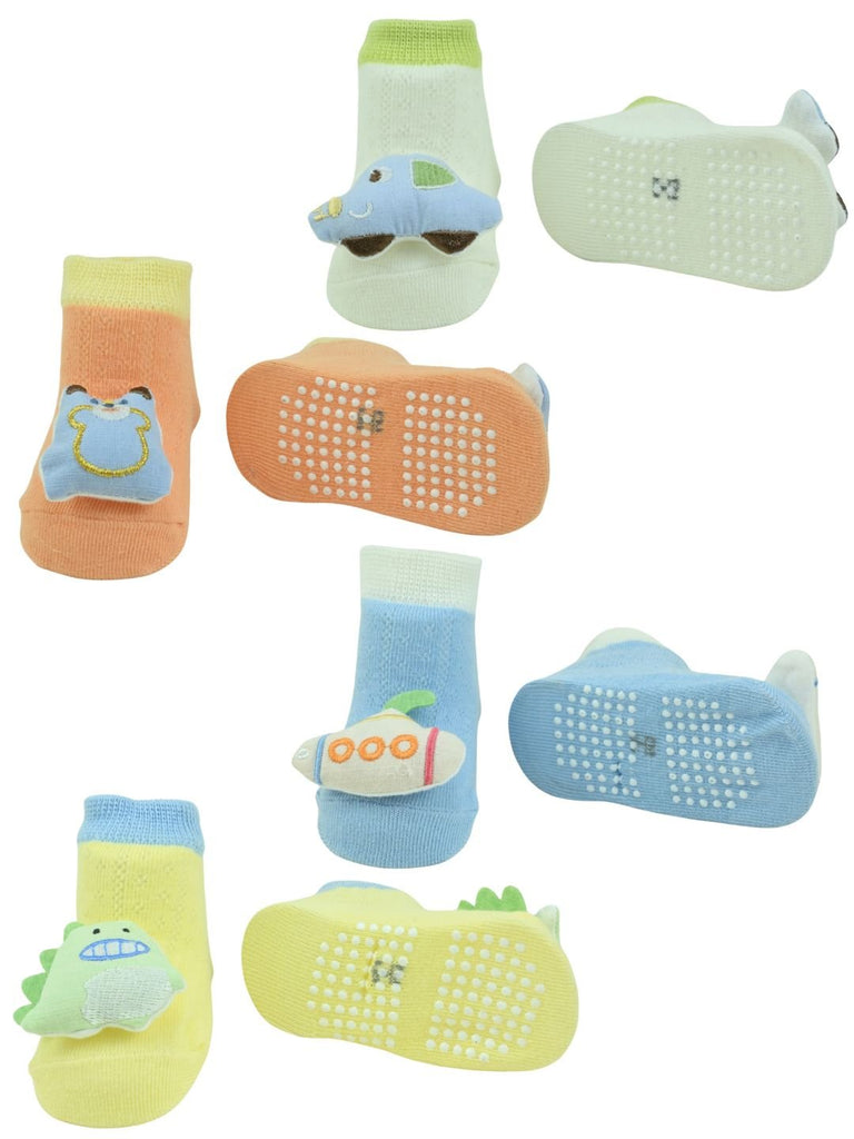 Playful Cartoon Baby Doll Head Ankle Socks 3D Pack – Dino, Car, Bear & Submarine Characters for Boys - Multi - Front & Back View