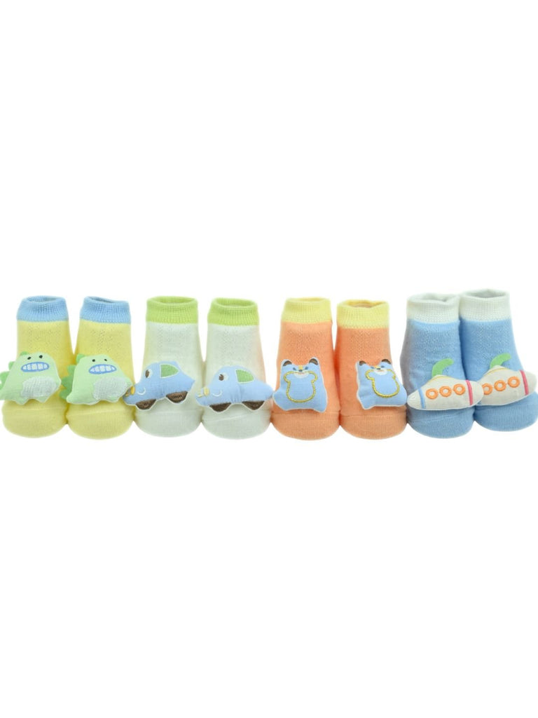 Playful Cartoon Baby Doll Head Ankle Socks 3D Pack – Dino, Car, Bear & Submarine Characters for Boys - Multi - Front View
