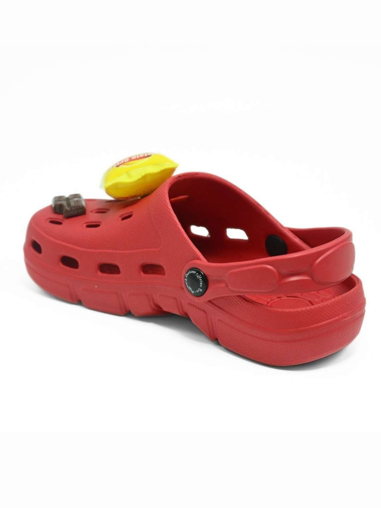 Playful Clogs with Burger, Fries & Chocolate Charms for Boys- Red- Back View