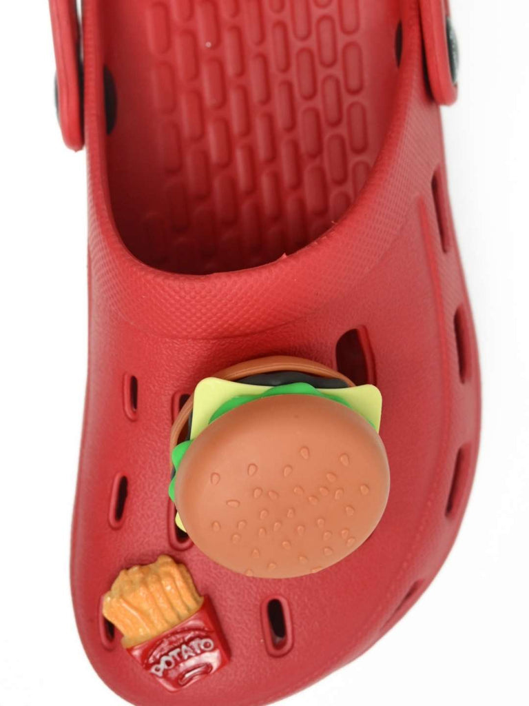 Playful Clogs with Burger, Fries & Chocolate Charms for Boys- Red- Front View