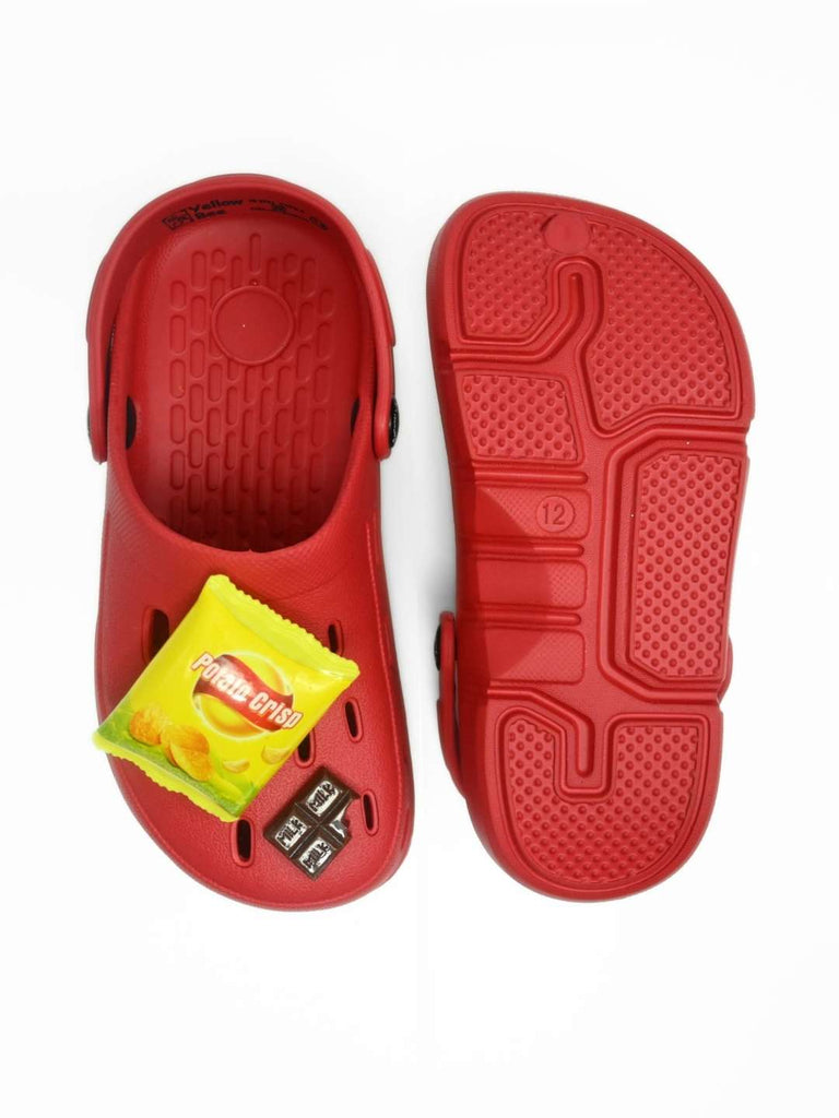 Playful Clogs with Burger, Fries & Chocolate Charms for Boys- Red- Front & Back View