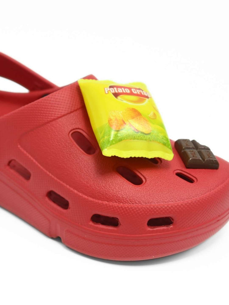 Playful Clogs with Burger, Fries & Chocolate Charms for Boys- Red-Side View