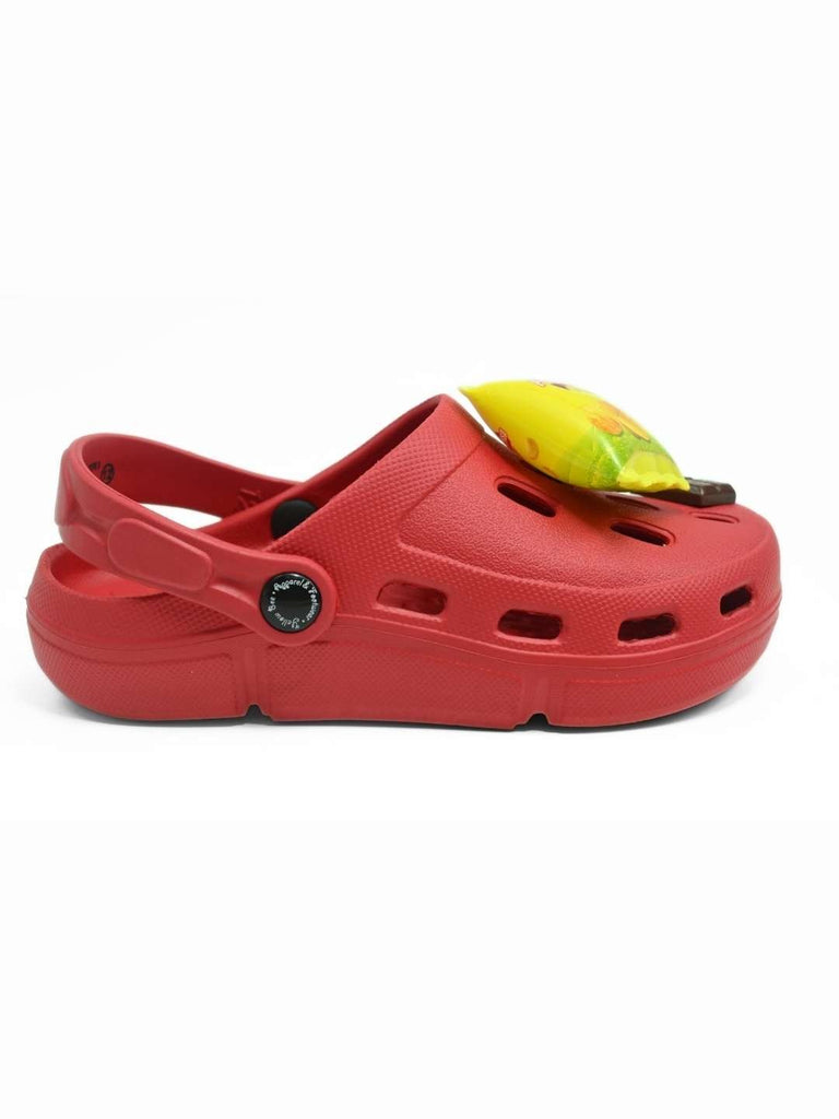Playful Clogs with Burger, Fries & Chocolate Charms for Boys- Red-Side View