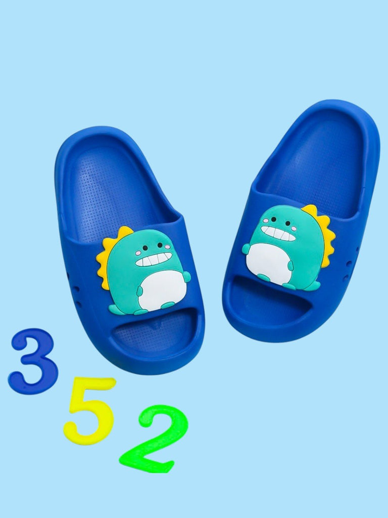 Playful Dino Applique Slides - Vibrant Blue