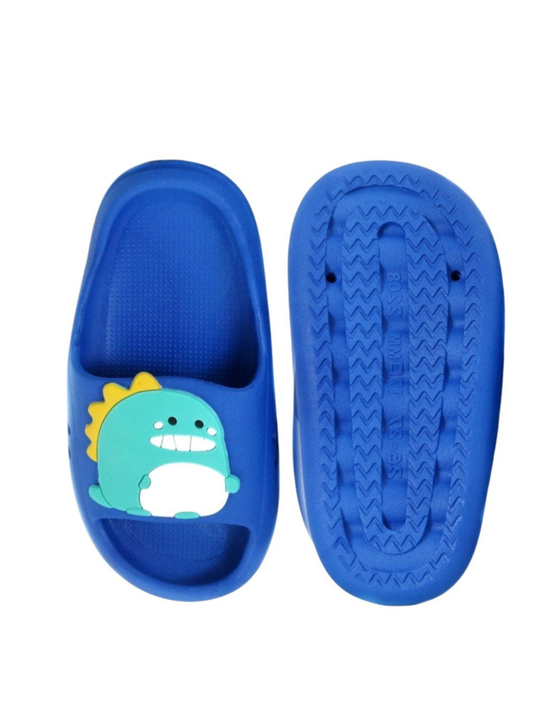 Playful Dino Applique Slides - Vibrant Blue-Front & Back View