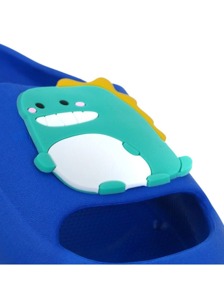 Playful Dino Applique Slides - Vibrant Blue-Close up