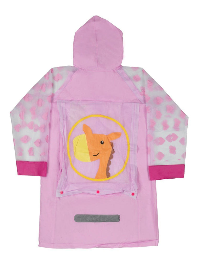 Back view of Yellow Bee playful giraffe hooded raincoat for girls.