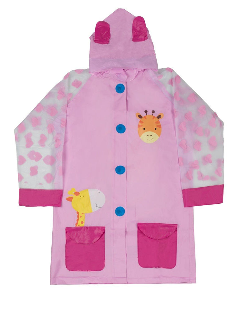 Front view of Yellow Bee playful giraffe hooded raincoat for girls.