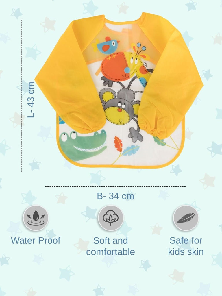 Detailed size and design information of the Jungle Pals long-sleeve baby bib, highlighting its practical features.