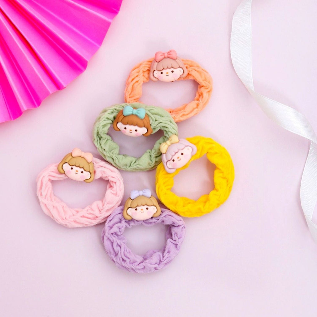 Set of 5 Doll Embellished Rubber Bands by Yellow Bee in Assorted Colors