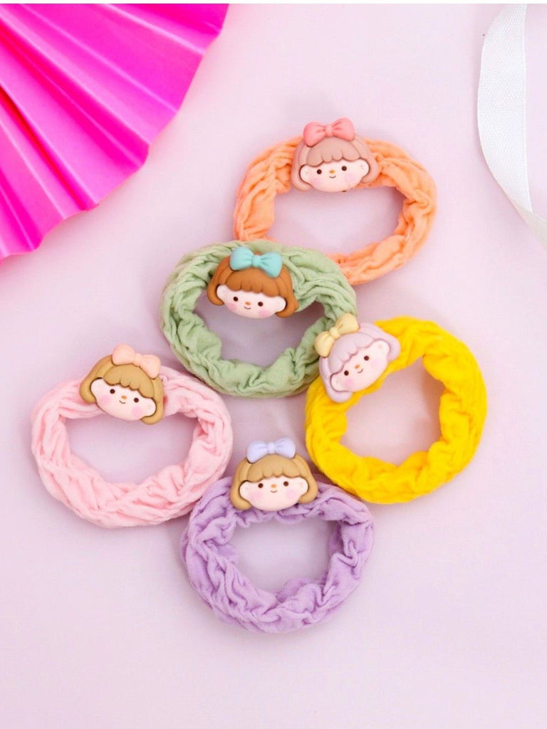 Playful Pals: Pastel Hair Ties with Adorable Doll Charms- Pack of 5