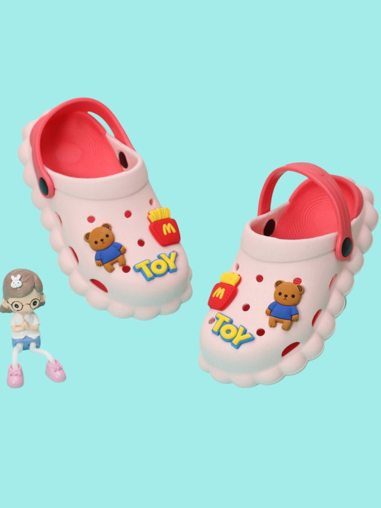 Cheerful_white_toddler_clogs_with_red_accents_and_playful_toy_bear_and_fast_food_motifs_on_a_teal_background