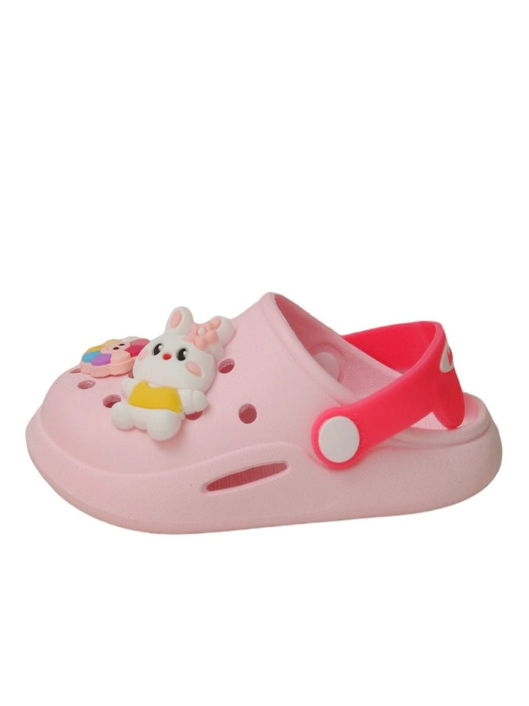 Side view of Playful Pink Bunny Clogs for girls, highlighting the adjustable strap and colorful design