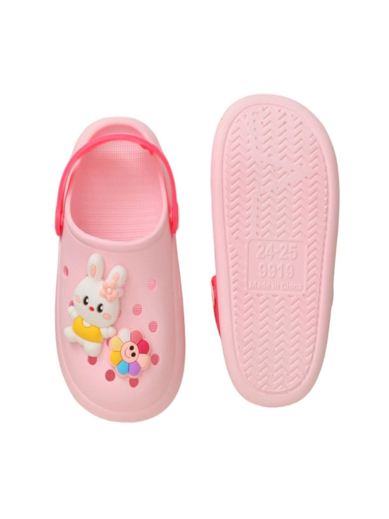 Front and back view of Playful Pink Bunny Clogs for girls with adjustable strap