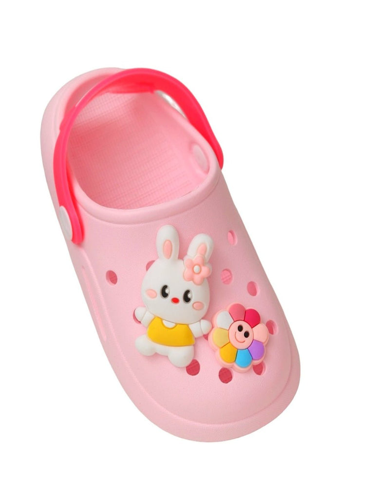 Angle view of Playful Pink Bunny Clogs for girls with adjustable strap by Yellow Bee