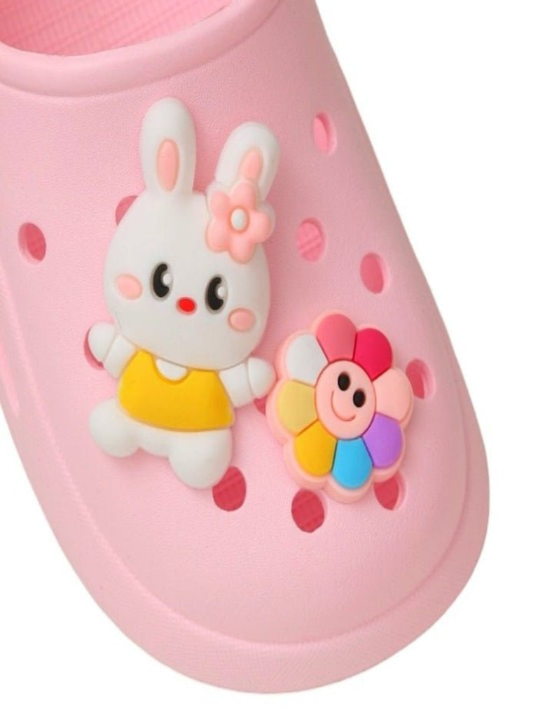 Close-up view of Playful Pink Bunny Clogs showing the bunny and flower details