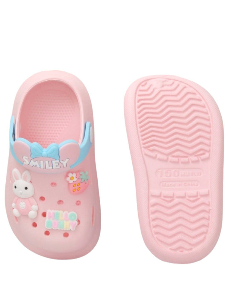 Top and sole view of pink children's clogs with bunny motif detailing