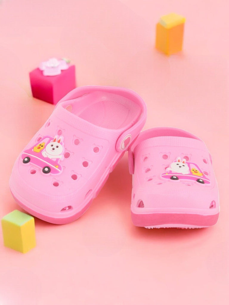 Kids' Pink Clogs with Bunny and Duck in Car Design and Bear-Shaped Vent Holes creative view