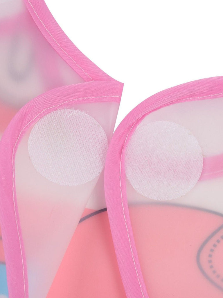 Close up view of Playful Pink Waterproof Elephant Baby Bib, showcasing its extensive coverage