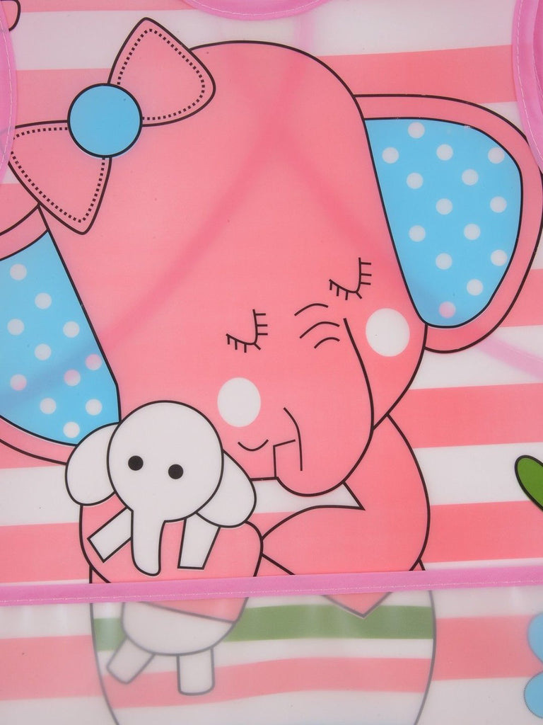 Close up View Of Playful Pink Waterproof Elephant Baby Bib, showcasing its extensive coverage