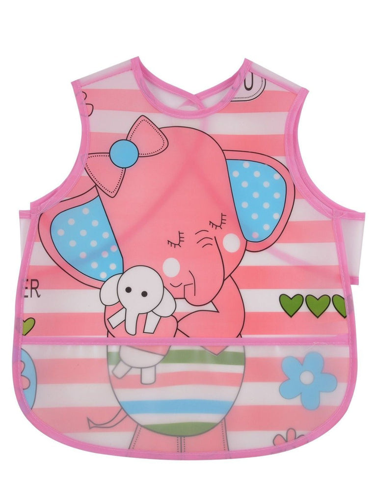 Playful Pink Waterproof Elephant Baby Bib, showcasing its extensive coverage full view.