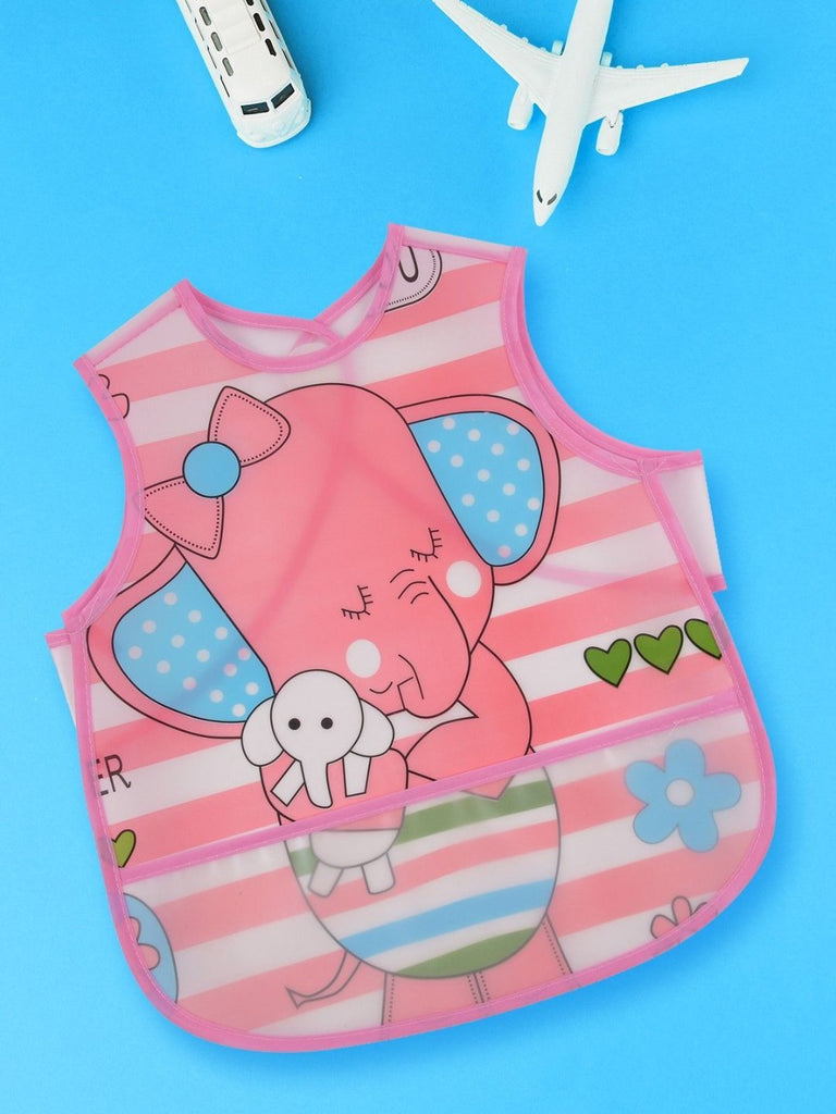 Full view of the Playful Pink Waterproof Elephant Baby Bib, showcasing its extensive coverage and vibrant design.