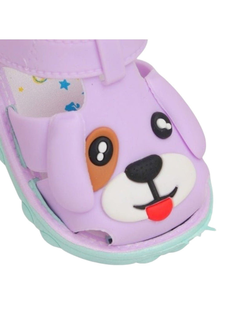 Playful Pup Purple Applique Sandals for Kids-close up view